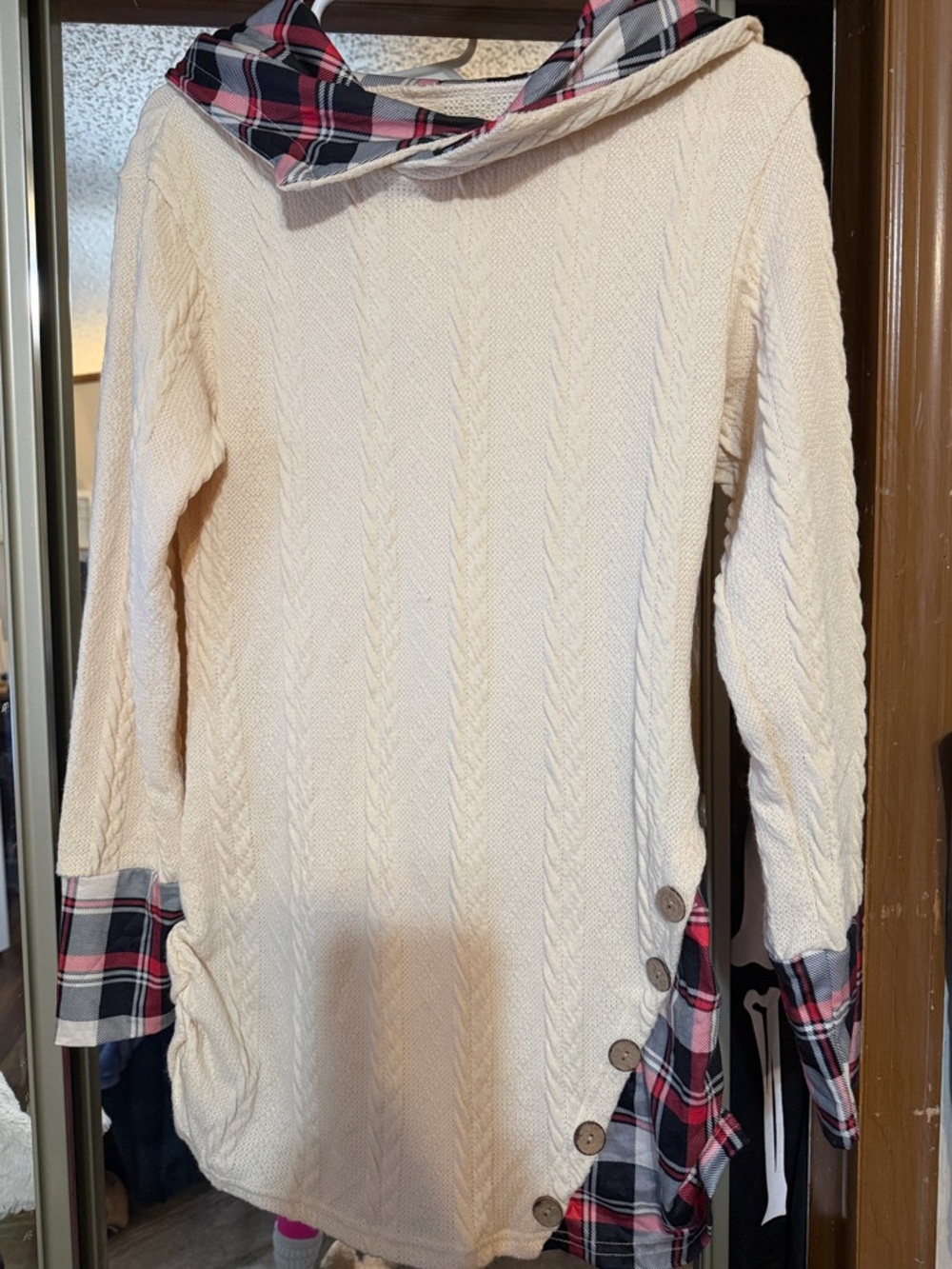 Cream Cable-Knit Hoodie Sweater with Red Plaid Trim